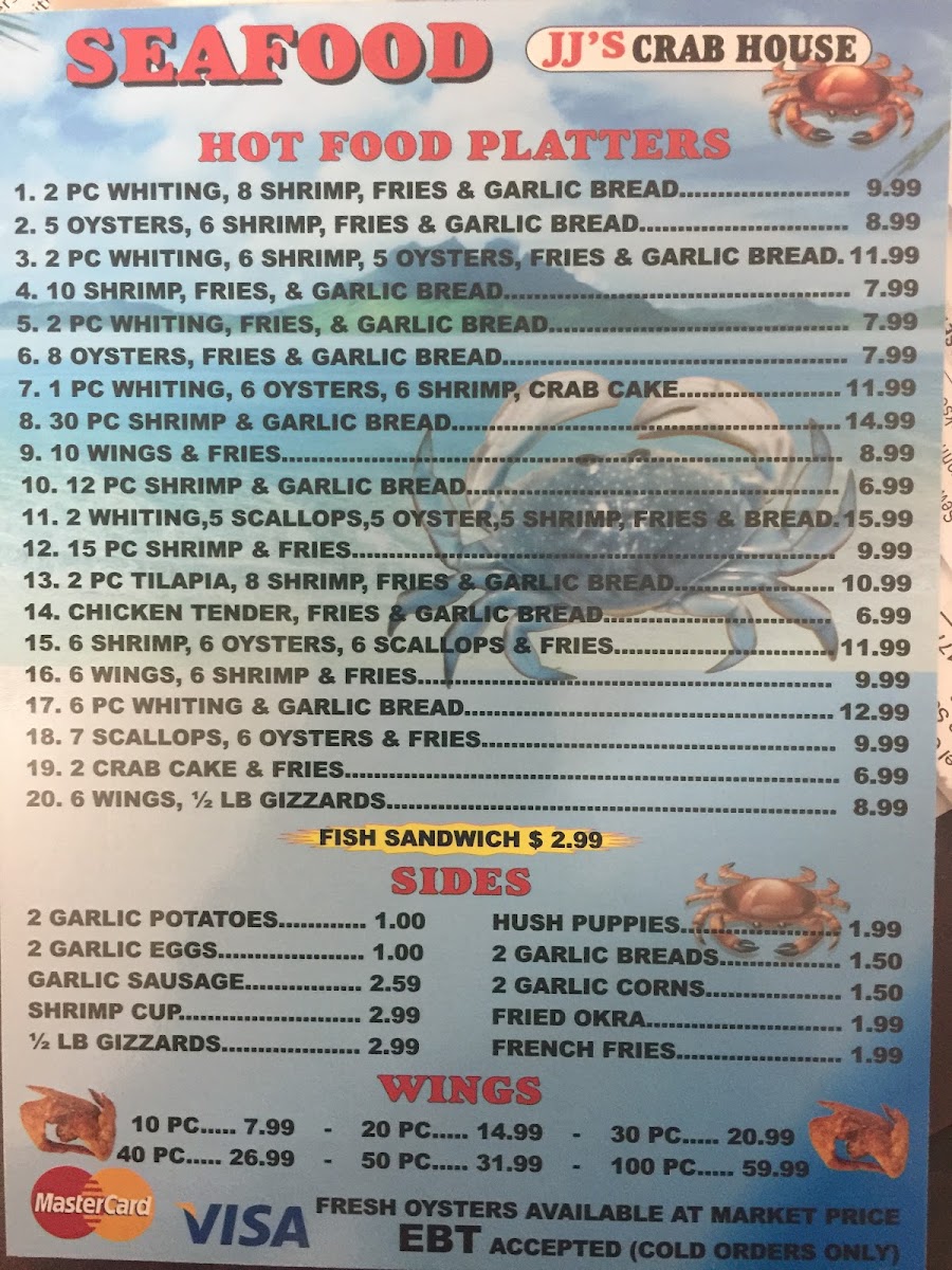 JJ's Crab House menu board