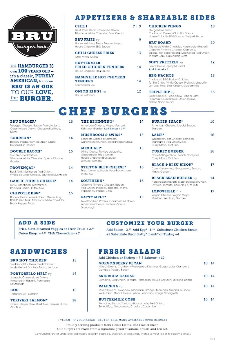 BRU Burger Bar Greenwood menu board