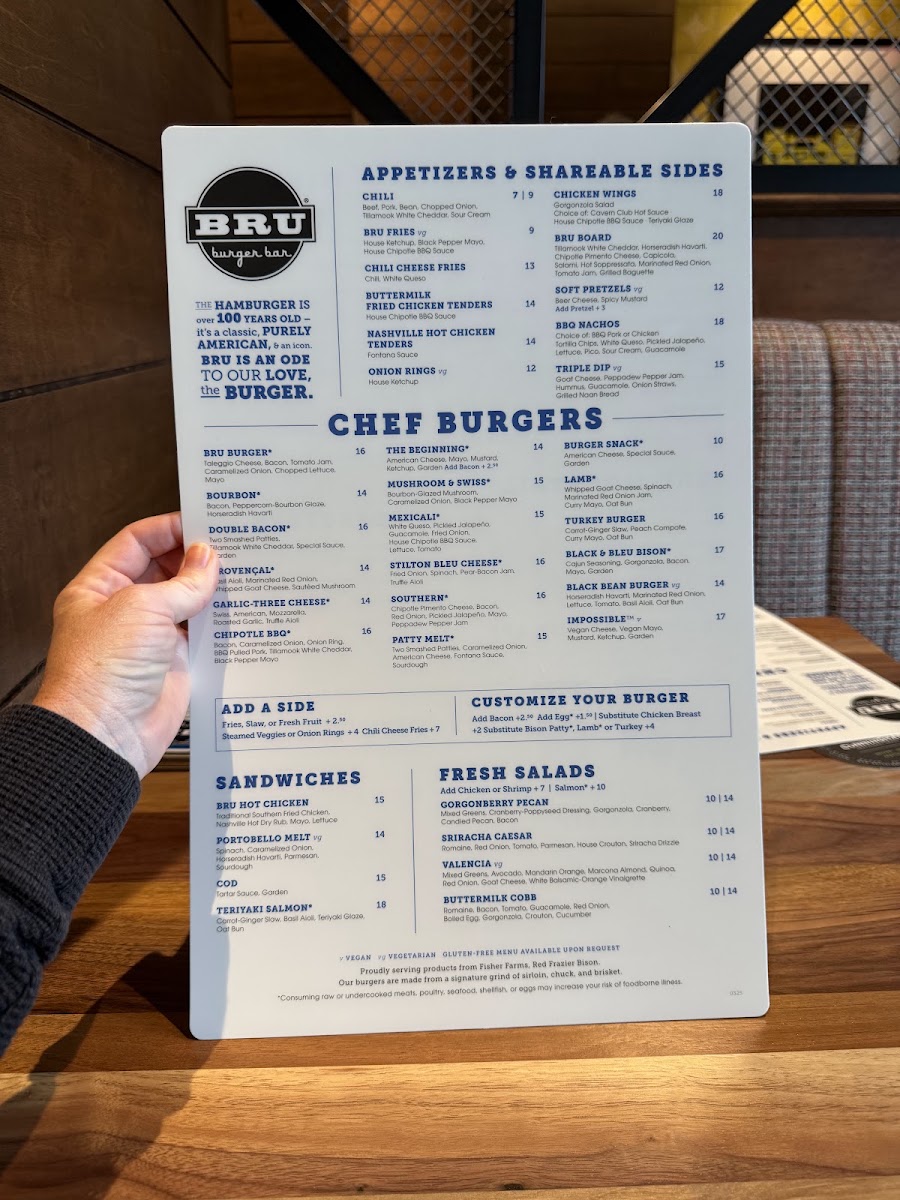 BRU Burger Bar Greenwood menu board