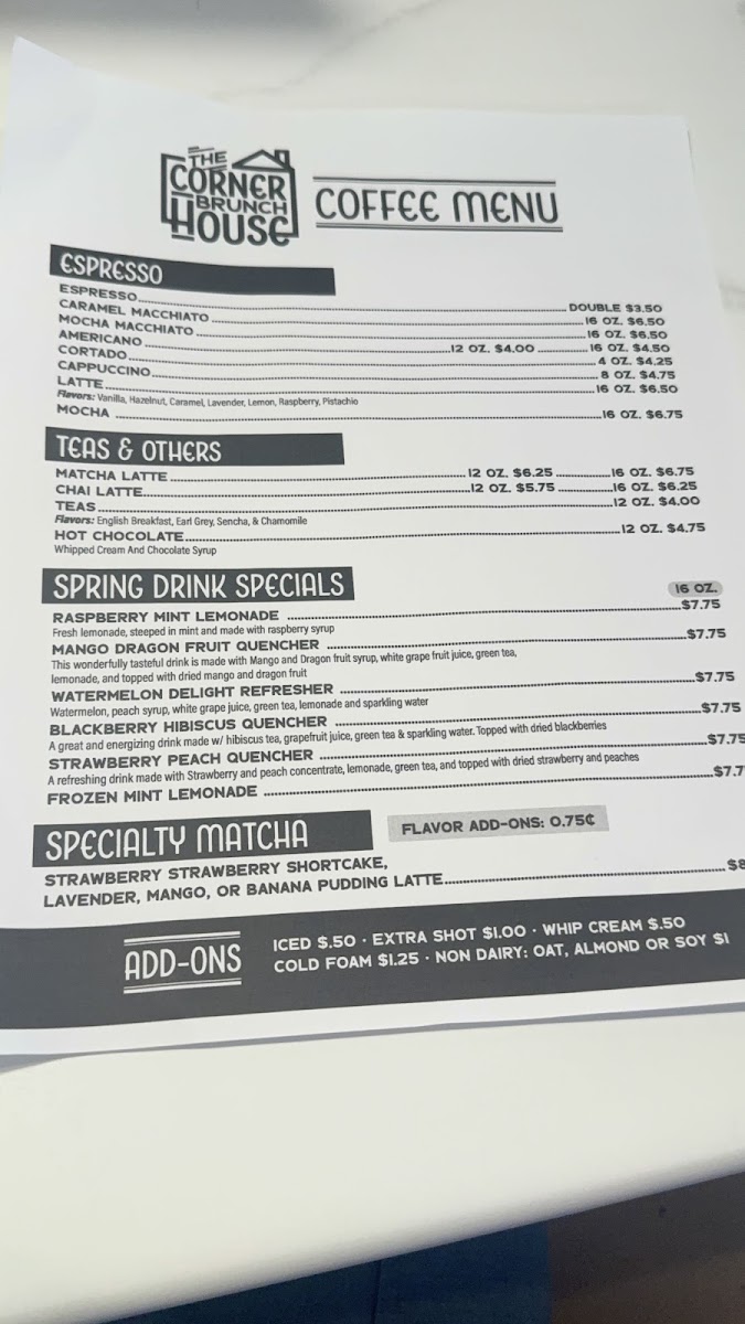 The Corner Brunch House menu board