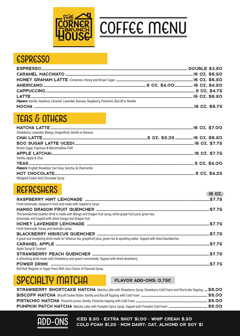 The Corner Brunch House menu board
