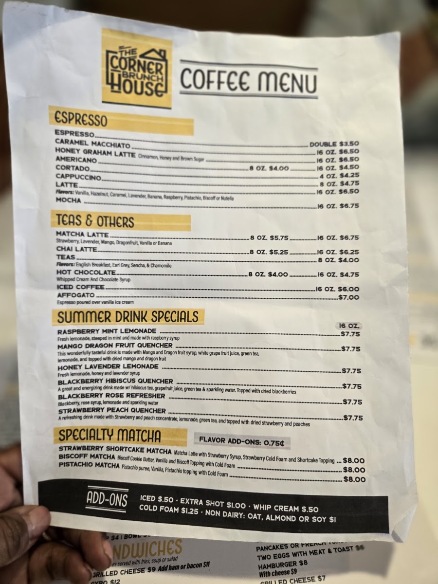 The Corner Brunch House menu board