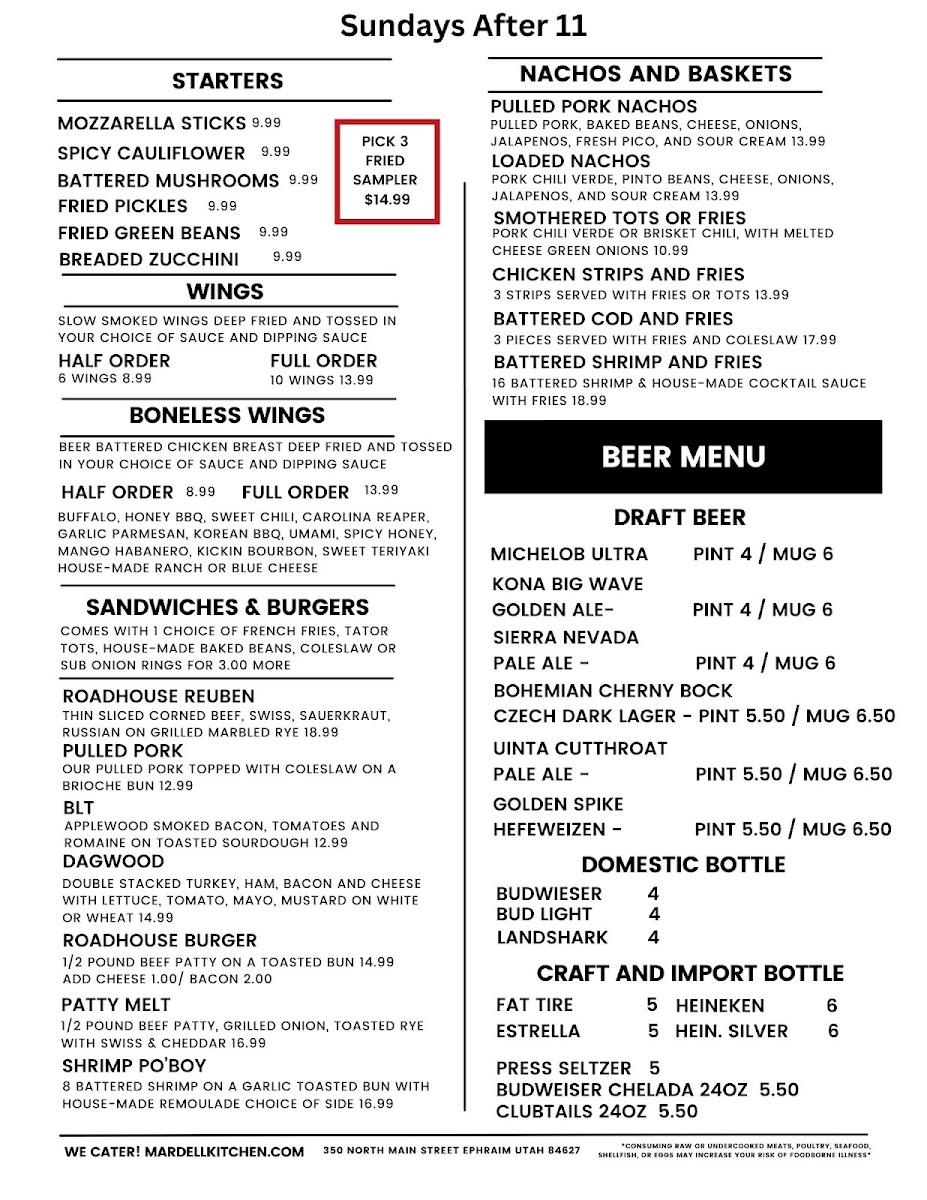 Roots 89 Roadhouse menu board