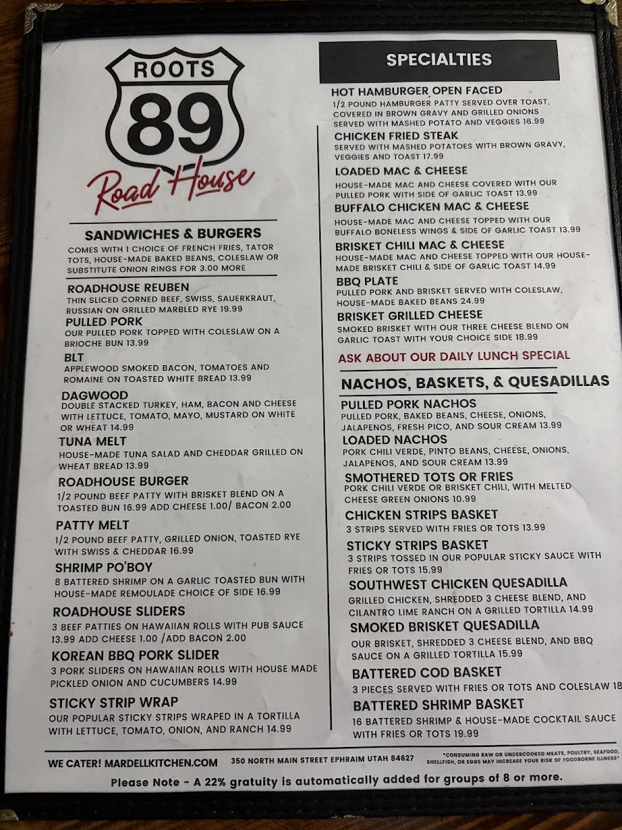 Roots 89 Roadhouse menu board