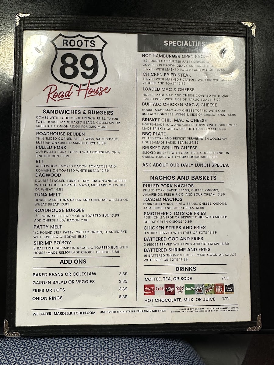 Roots 89 Roadhouse menu board