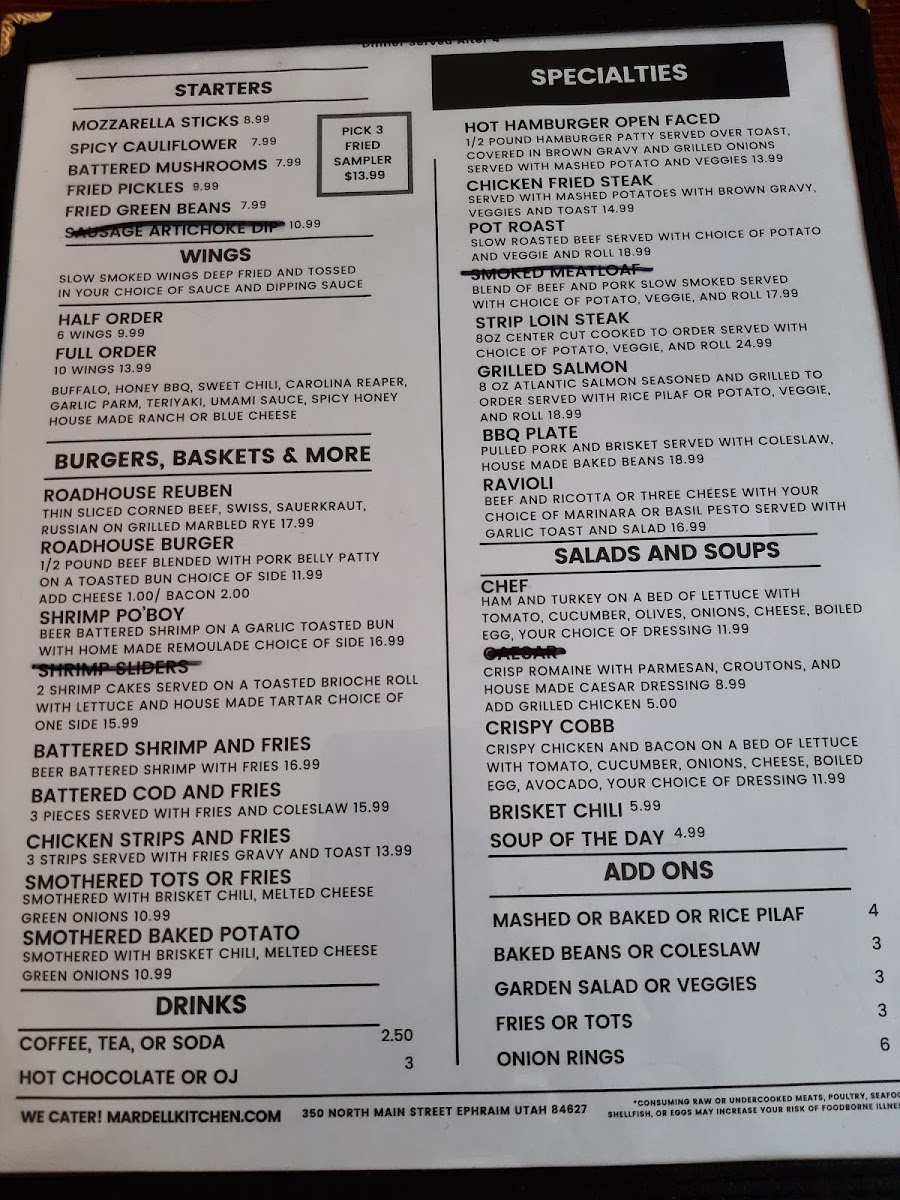 Roots 89 Roadhouse menu board