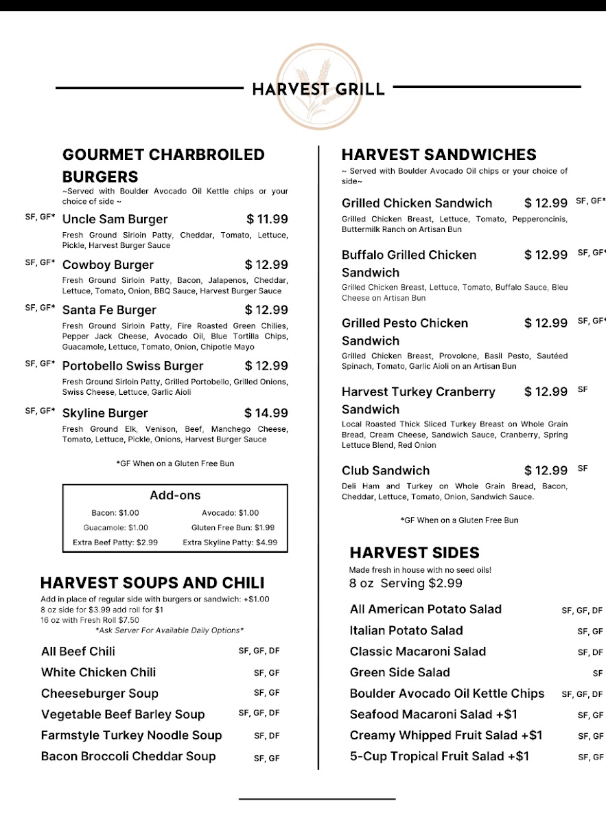 Harvest Grill menu board