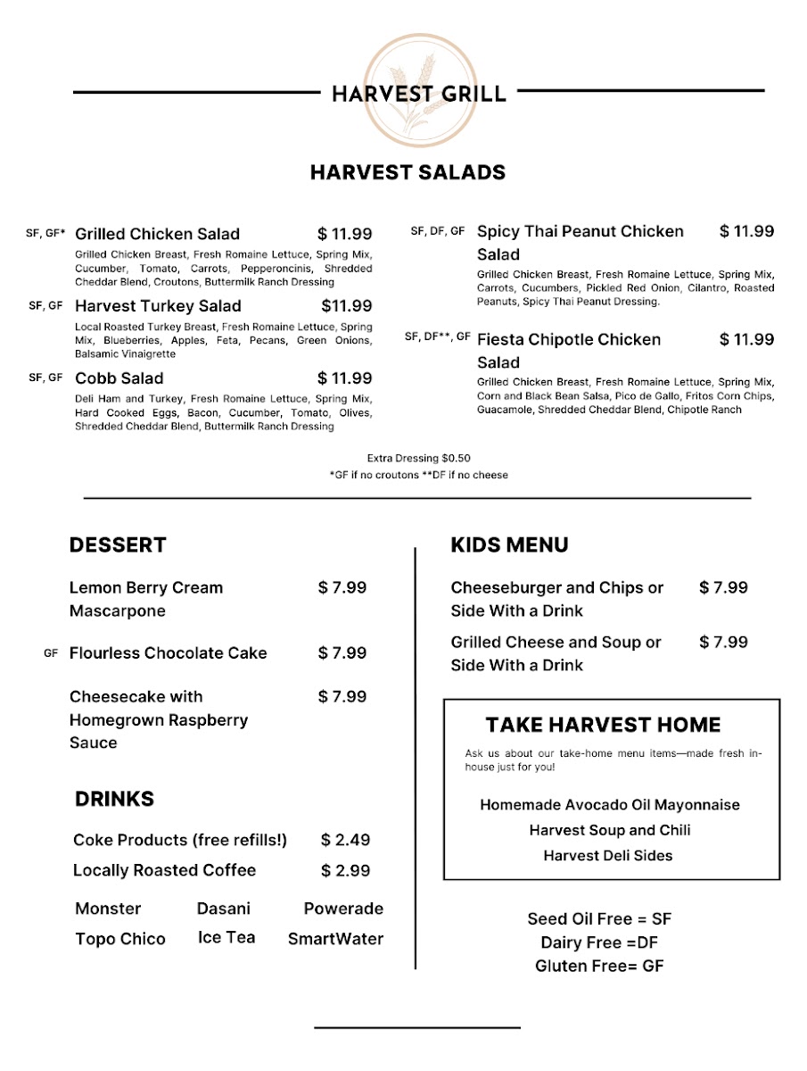 Harvest Grill menu board