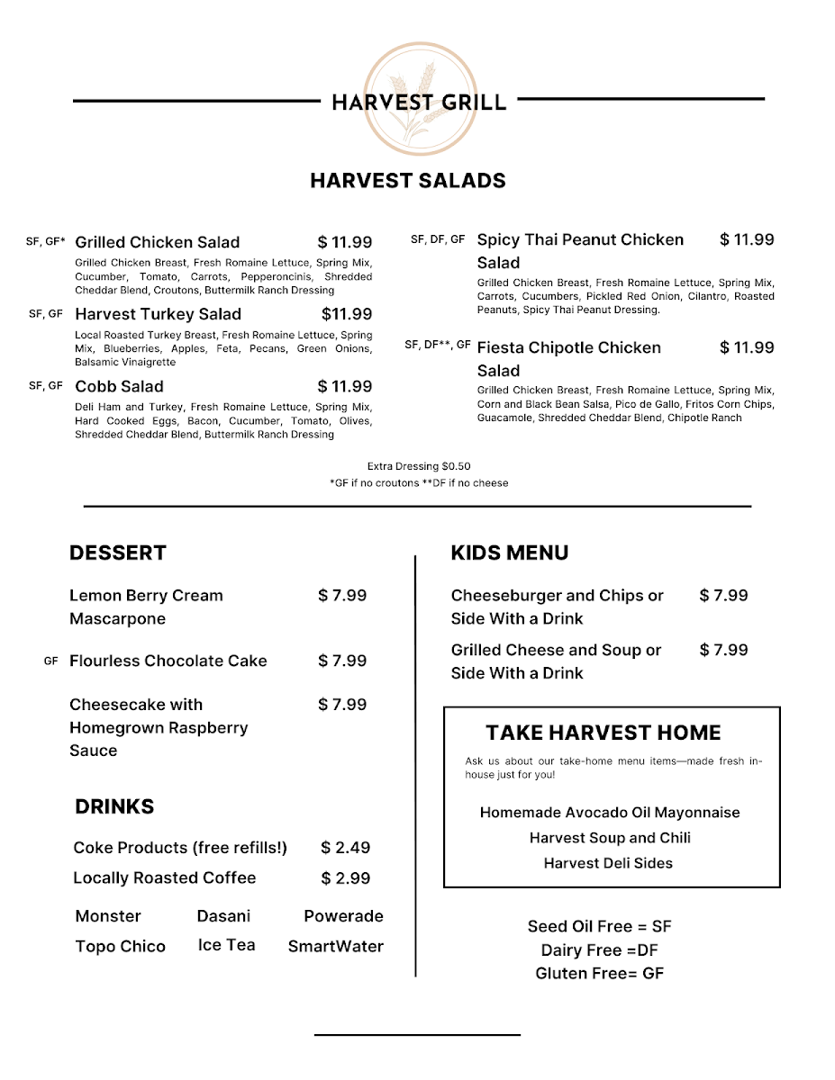 Harvest Grill menu board