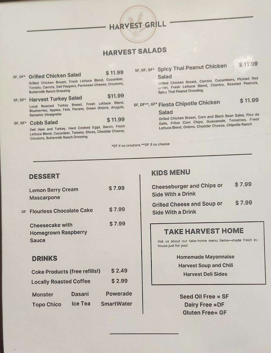 Harvest Grill menu board
