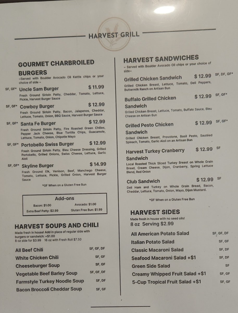 Harvest Grill menu board