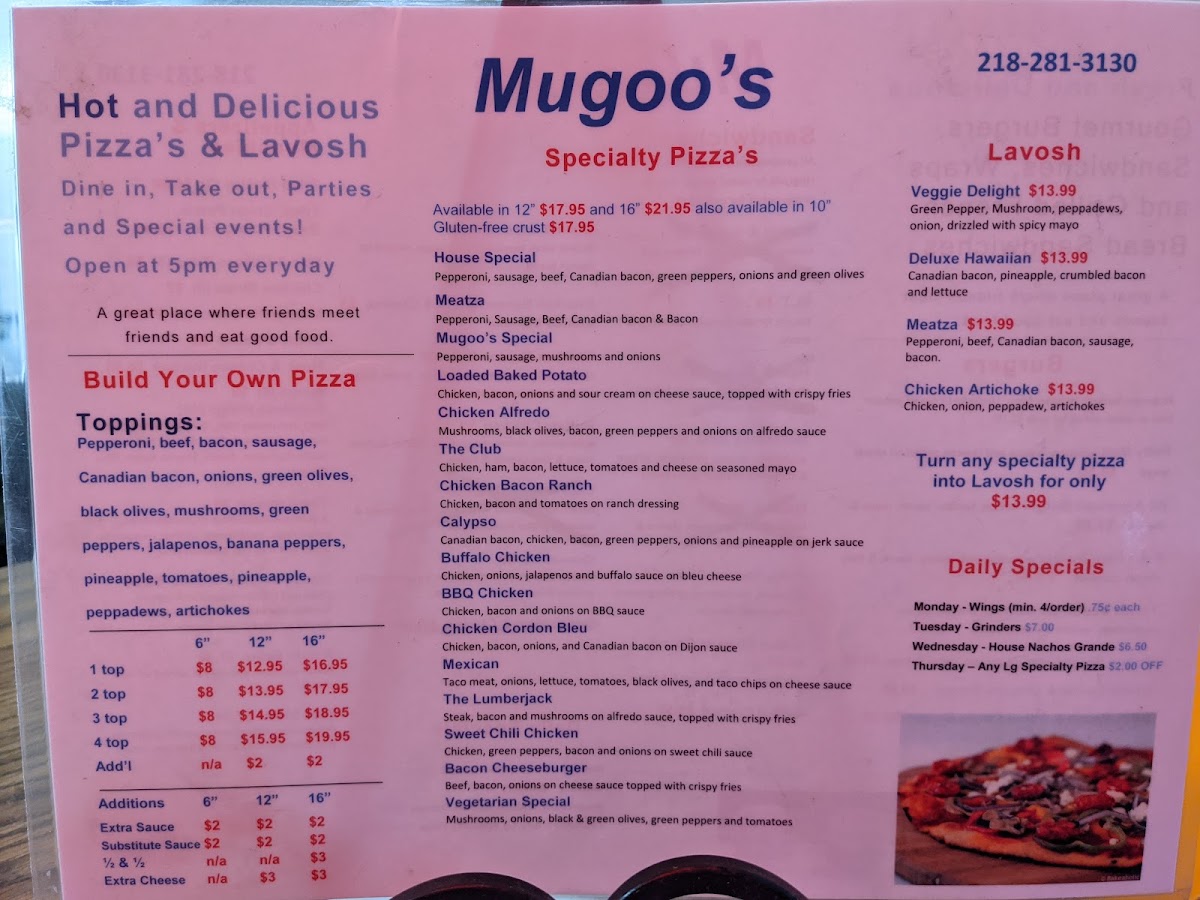 Mugoo's Pizza menu board