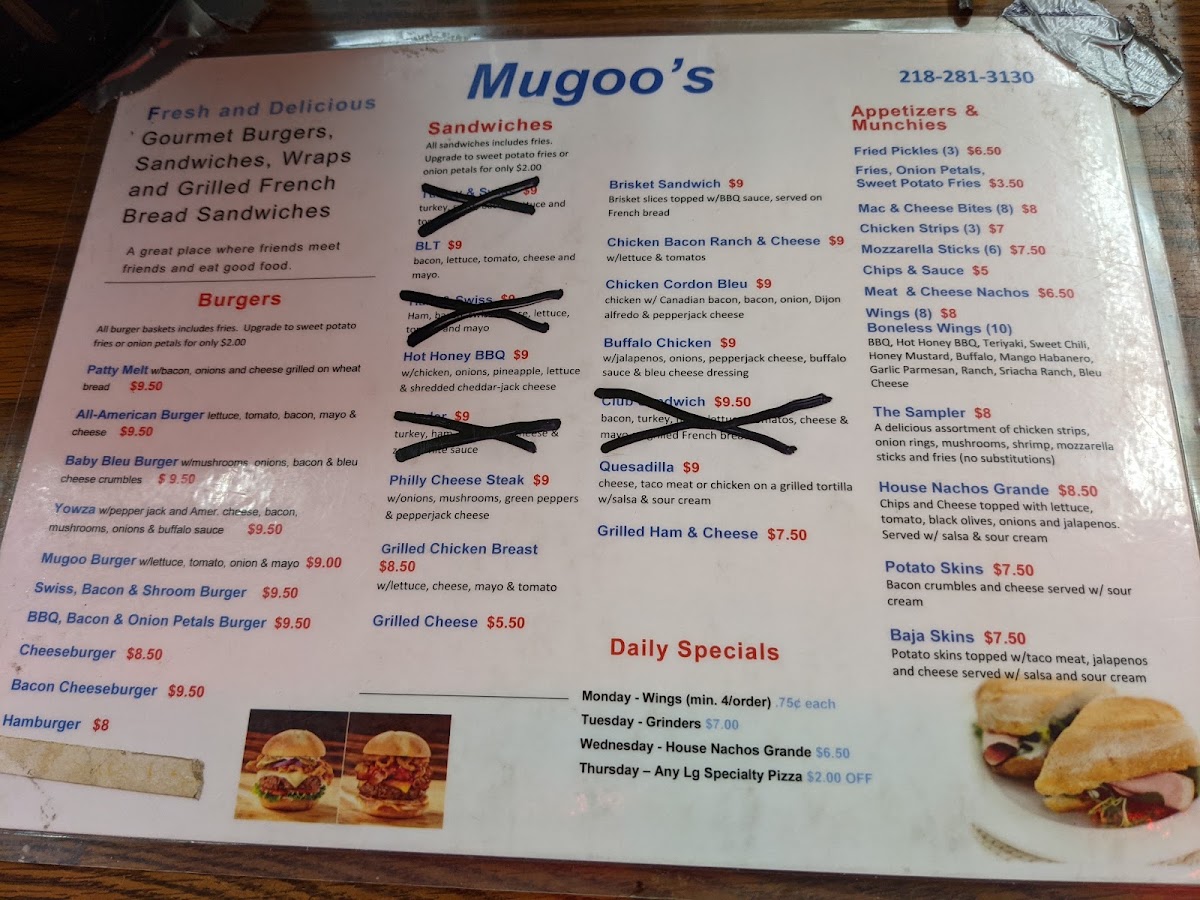 Mugoo's Pizza menu board
