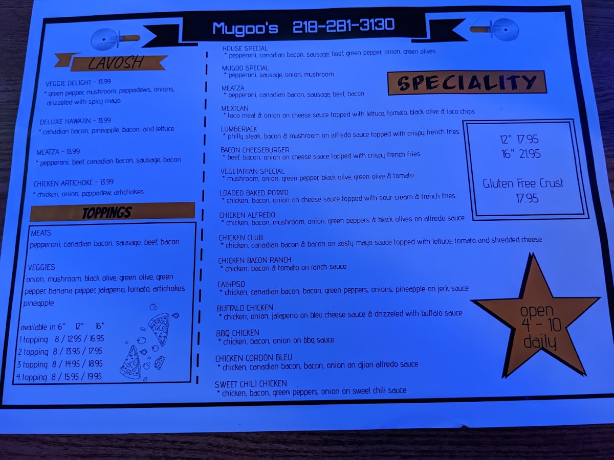 Mugoo's Pizza menu board