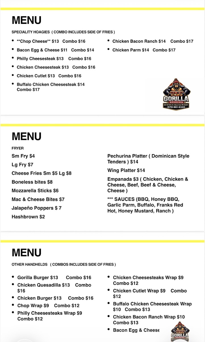 Gorilla Hoagies menu board