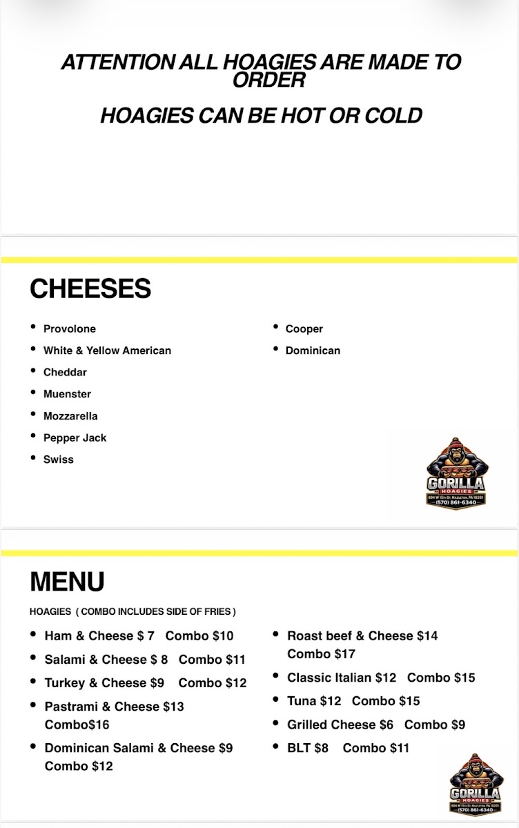 Gorilla Hoagies menu board