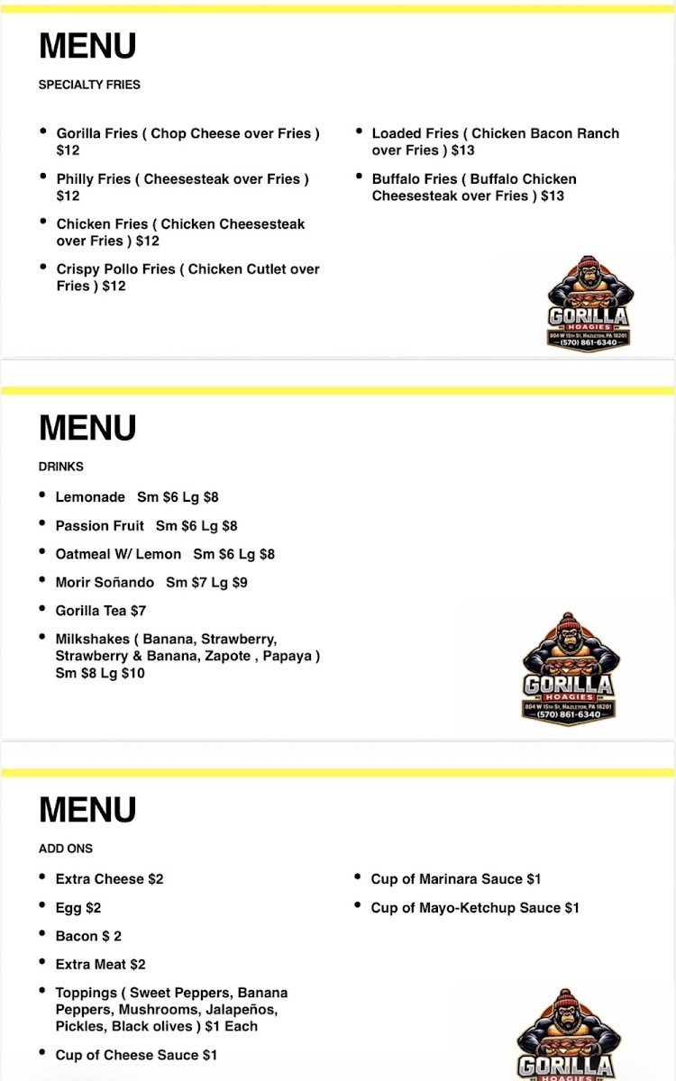Gorilla Hoagies menu board