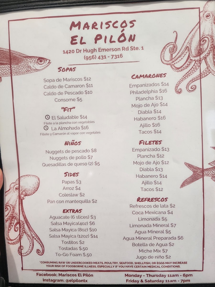 Mariscos El Pilón menu board
