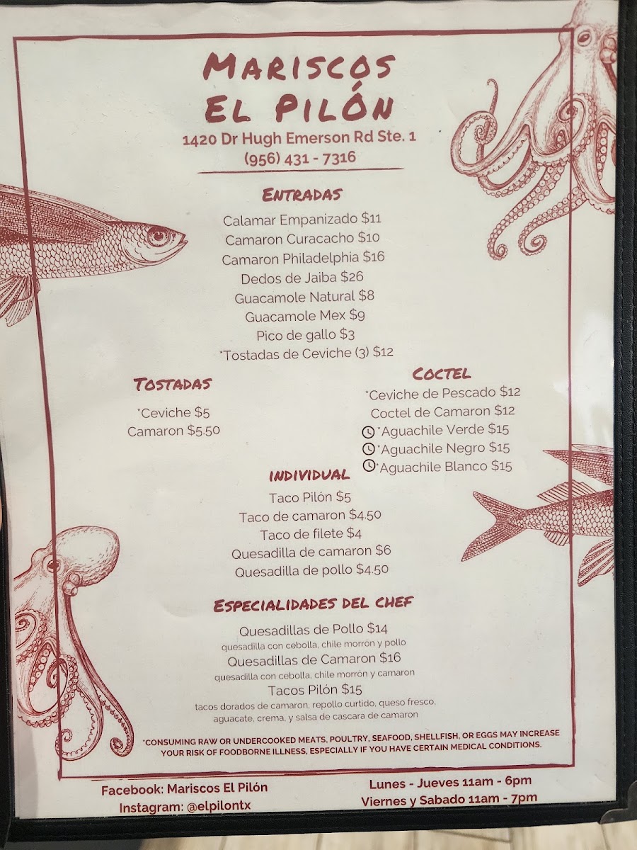 Mariscos El Pilón menu board