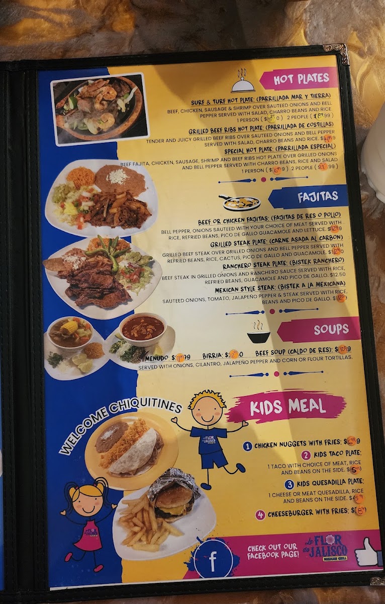 La Flor de Jalisco Mexican Grill menu board