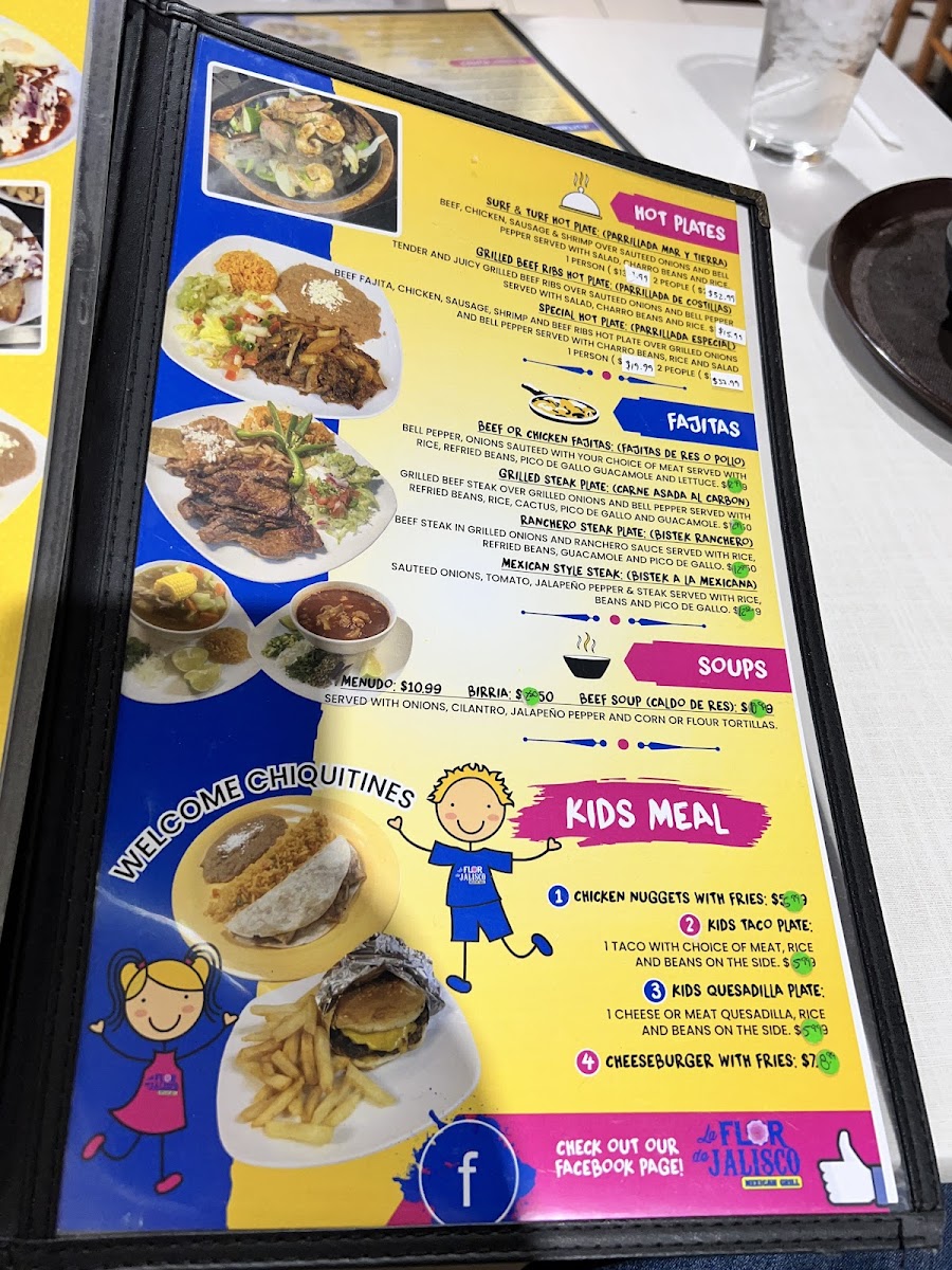 La Flor de Jalisco Mexican Grill menu board