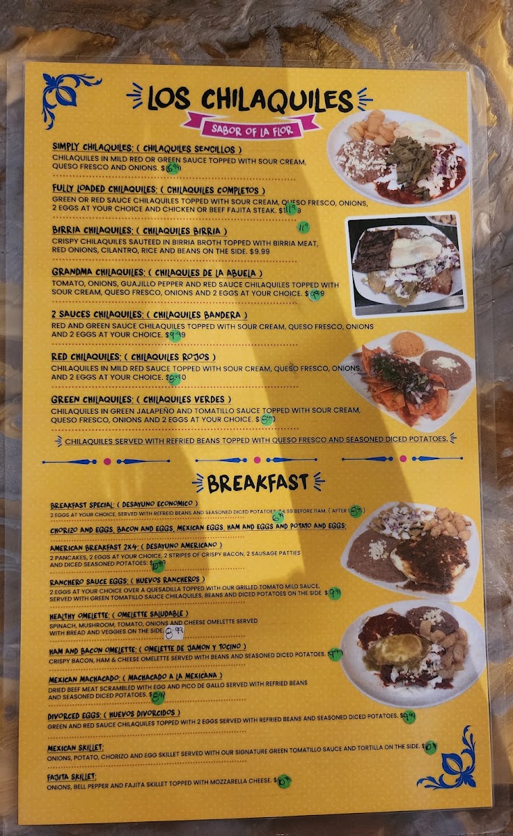 La Flor de Jalisco Mexican Grill menu board