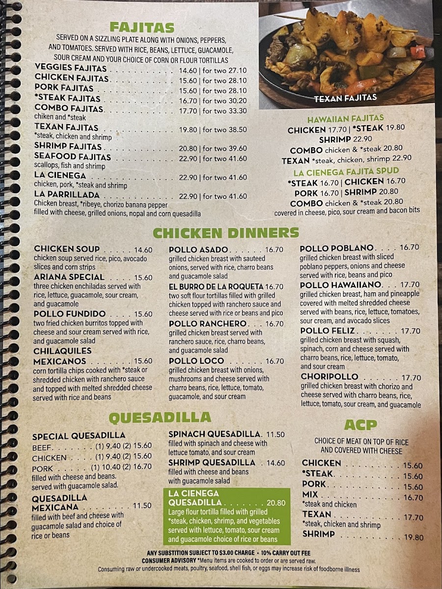 La Cienega Mexican Grill & Seafood menu board