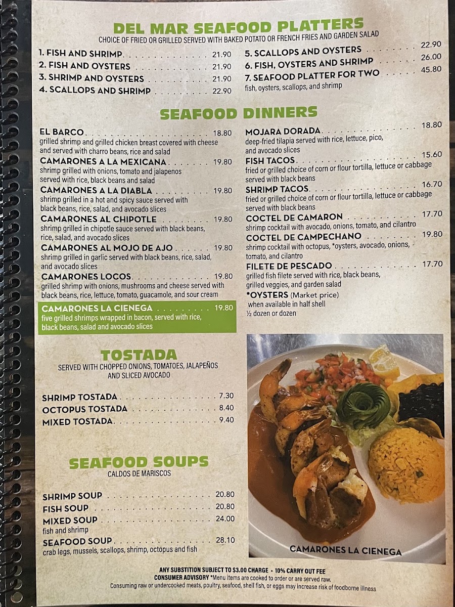 La Cienega Mexican Grill & Seafood menu board