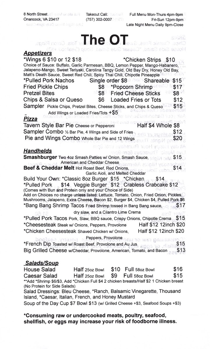 Onancock Taphouse menu board