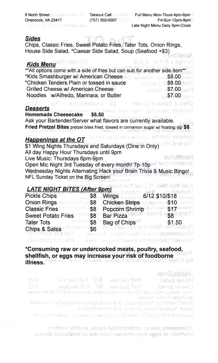 Onancock Taphouse menu board