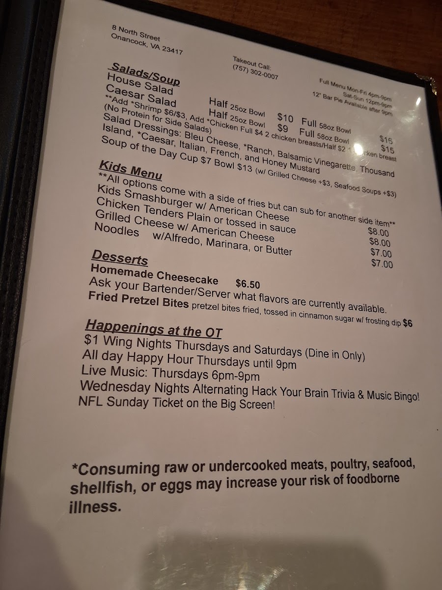 Onancock Taphouse menu board