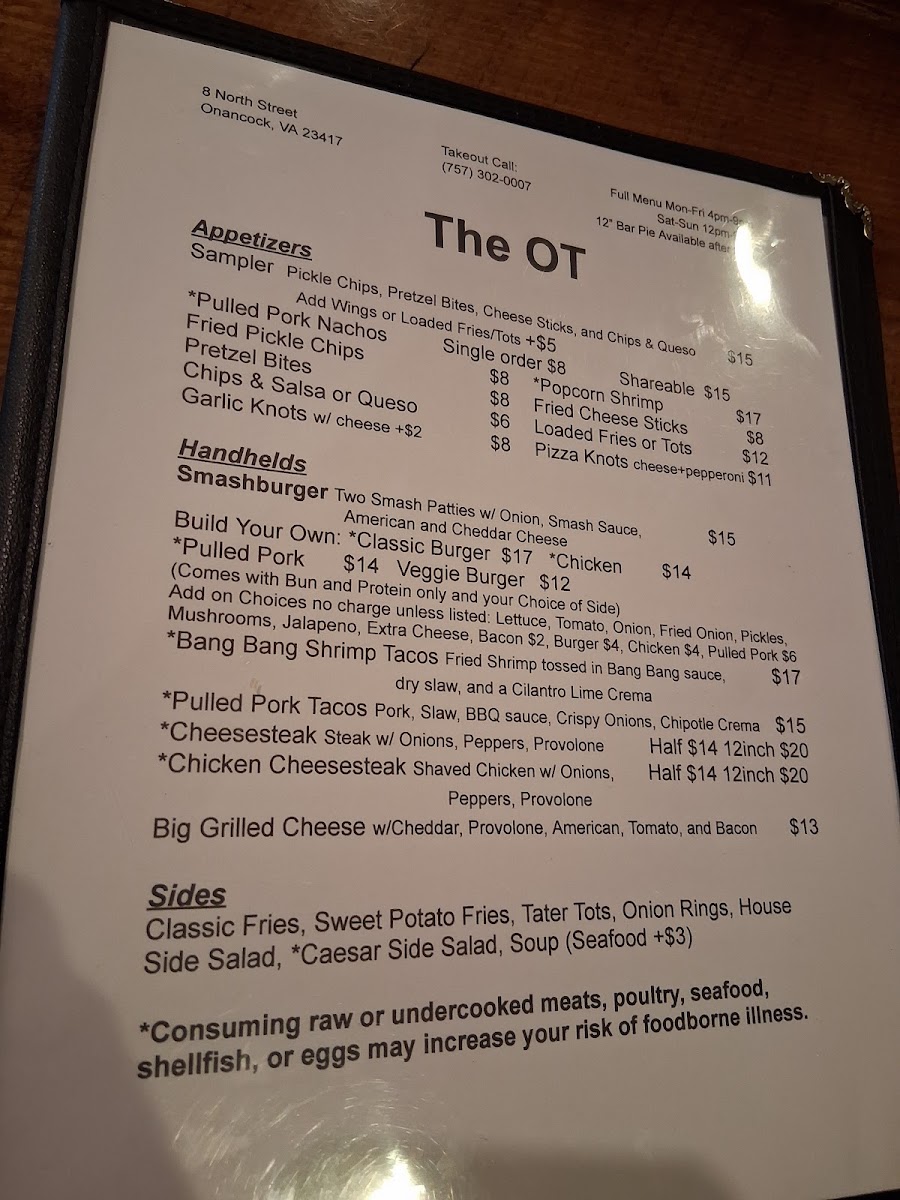 Onancock Taphouse menu board