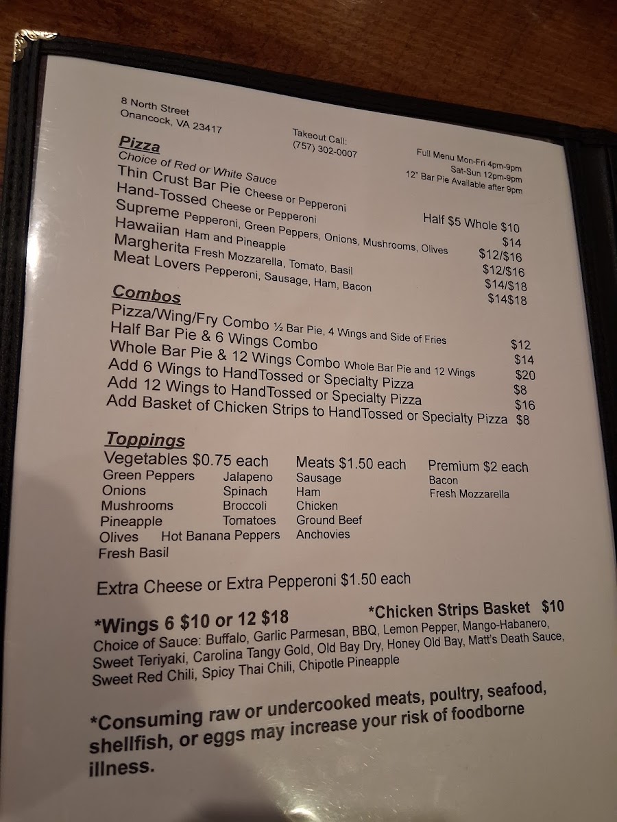 Onancock Taphouse menu board
