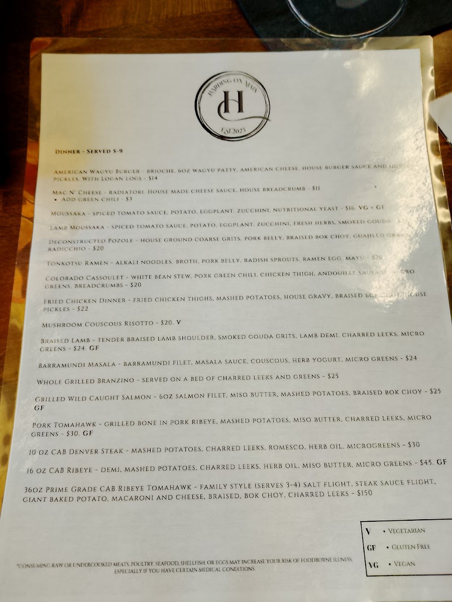 Harding On Main menu board