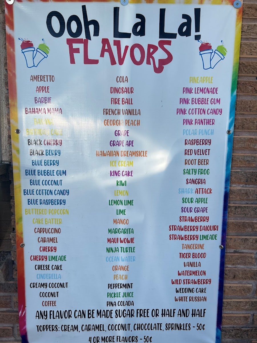 Ooh La La Shave Ice menu board