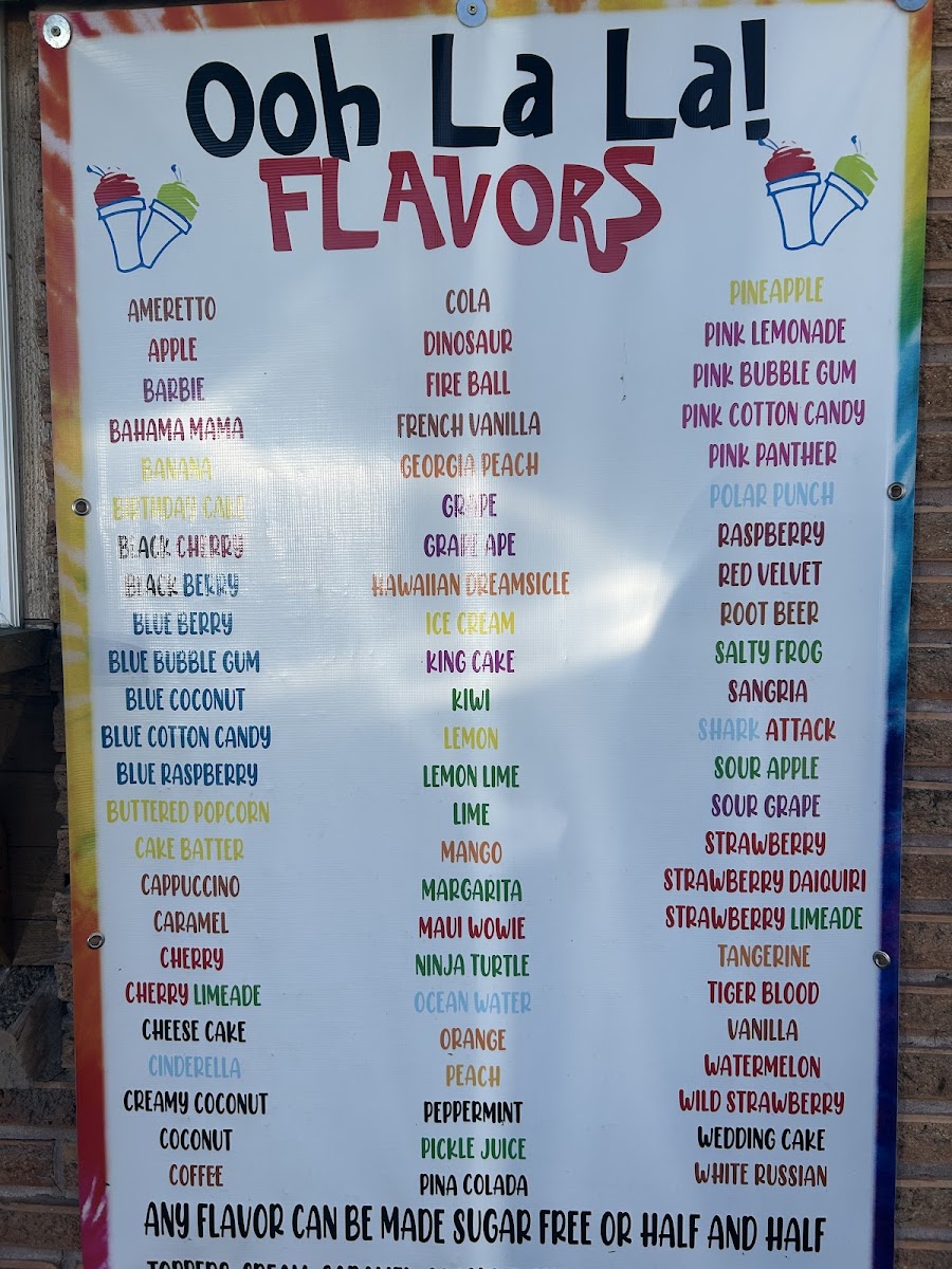Ooh La La Shave Ice menu board