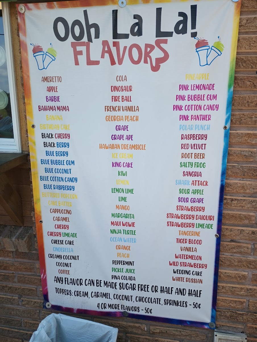 Ooh La La Shave Ice menu board
