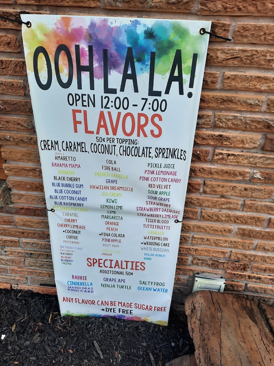 Ooh La La Shave Ice menu board