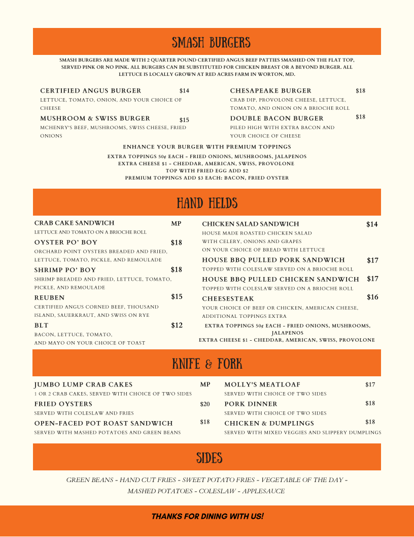 Molly's Restaurant menu board