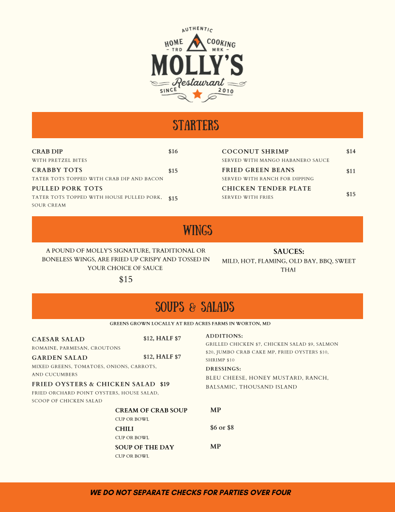 Molly's Restaurant menu board
