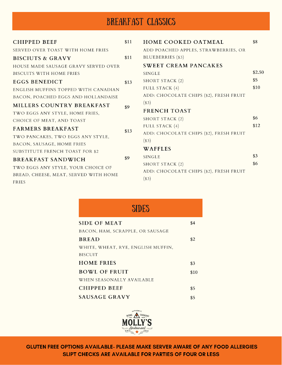 Molly's Restaurant menu board