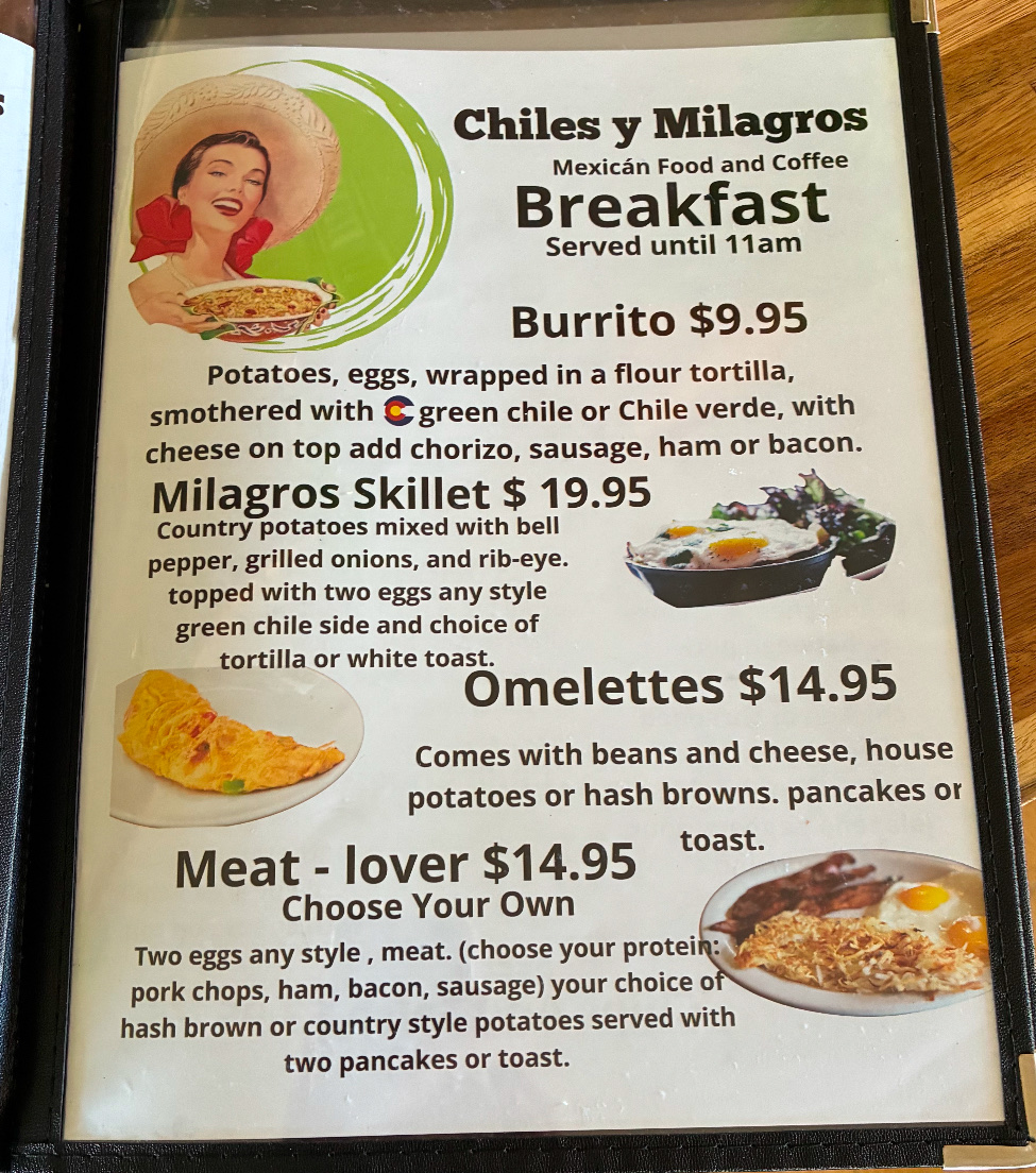 Chiles y Milagros menu board