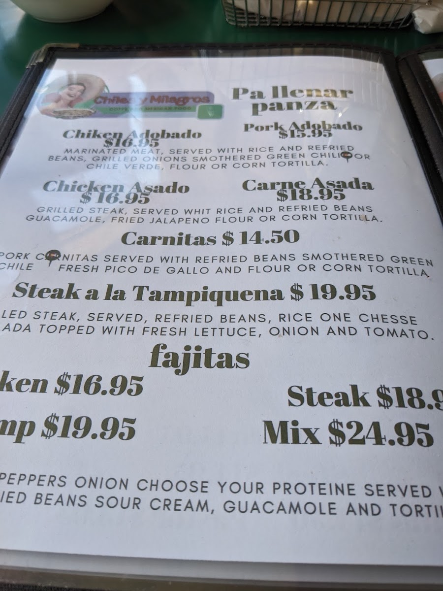 Chiles y Milagros menu board