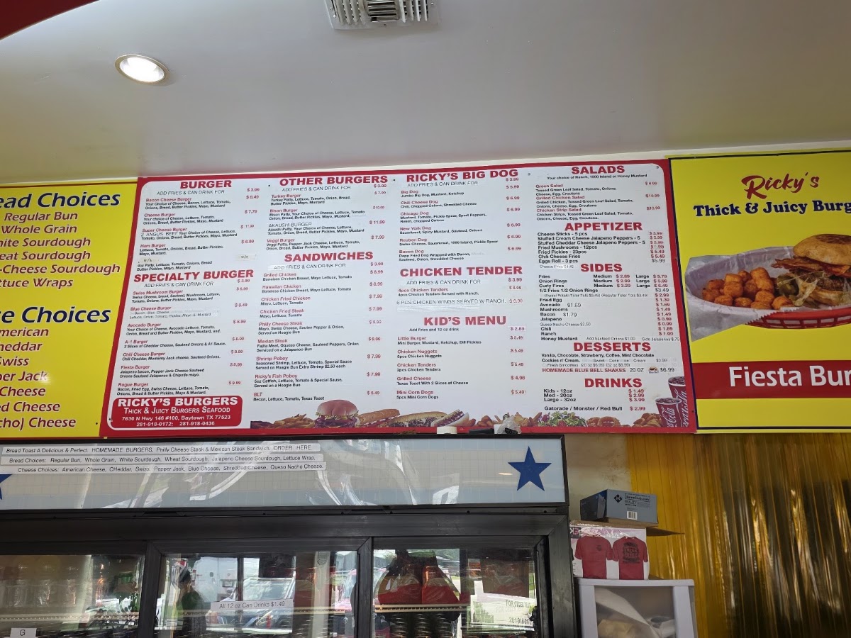 Ricky's Burgers menu board