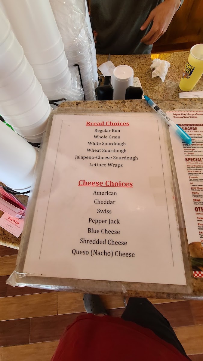 Ricky's Burgers menu board