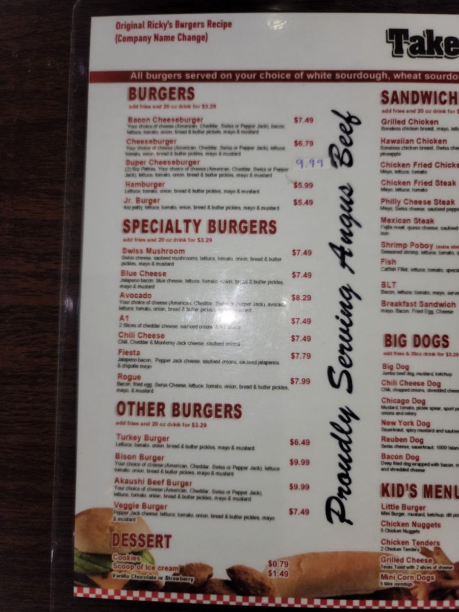 Ricky's Burgers menu board