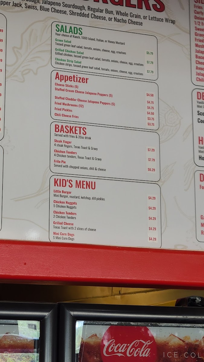 Ricky's Burgers menu board