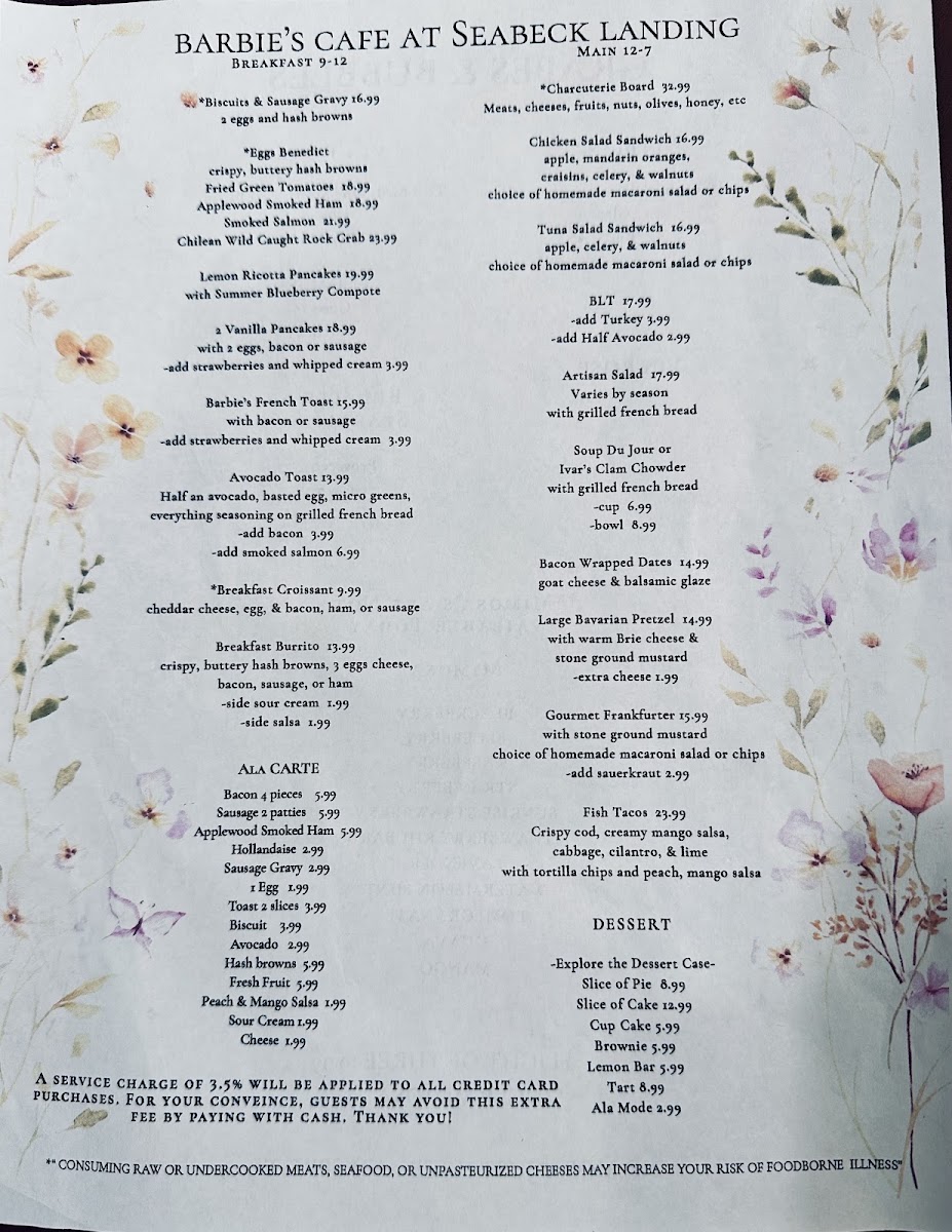 Barbie’s Cafe at Seabeck Landing menu board