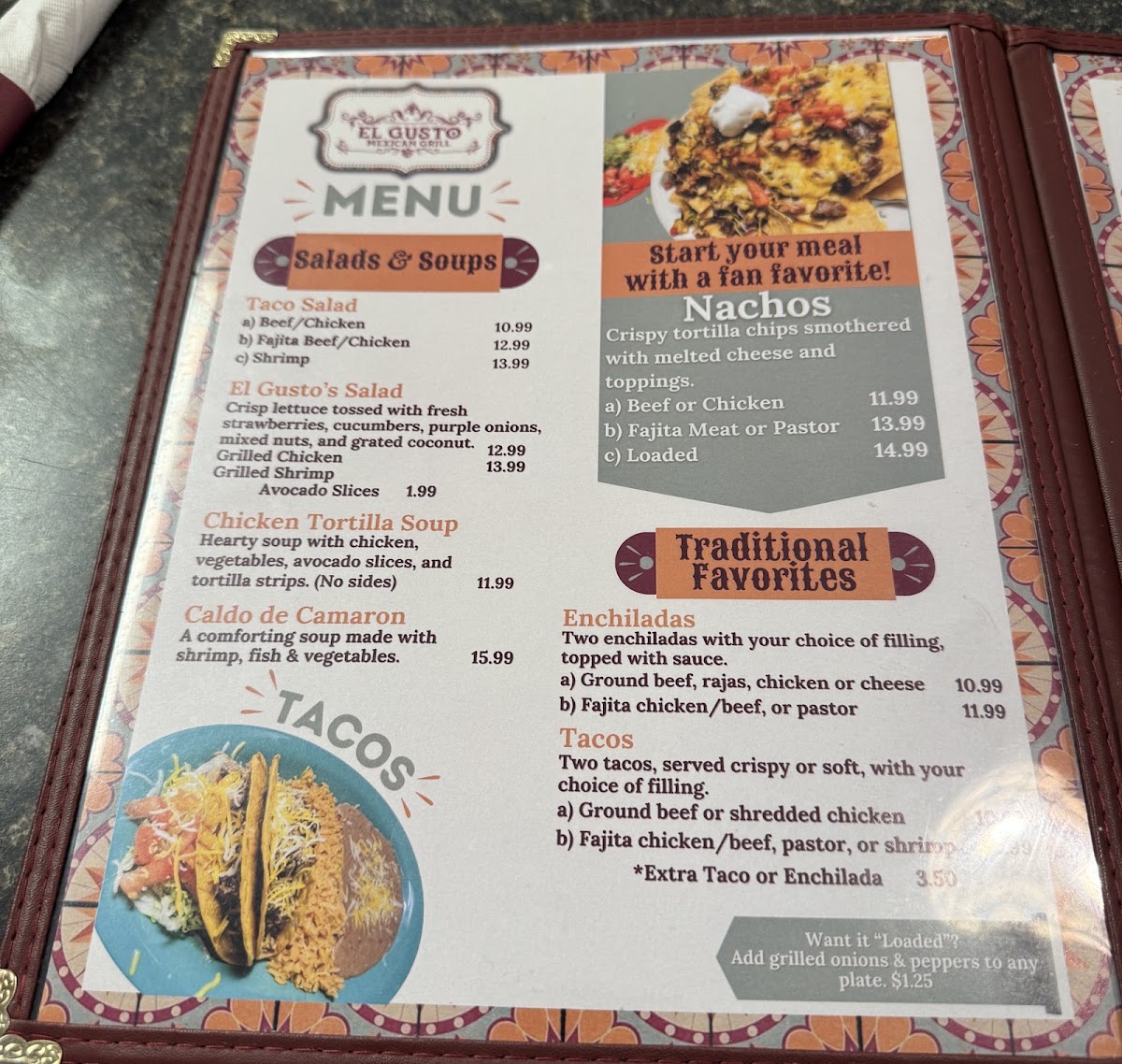 El Gusto Mexican Grill menu board