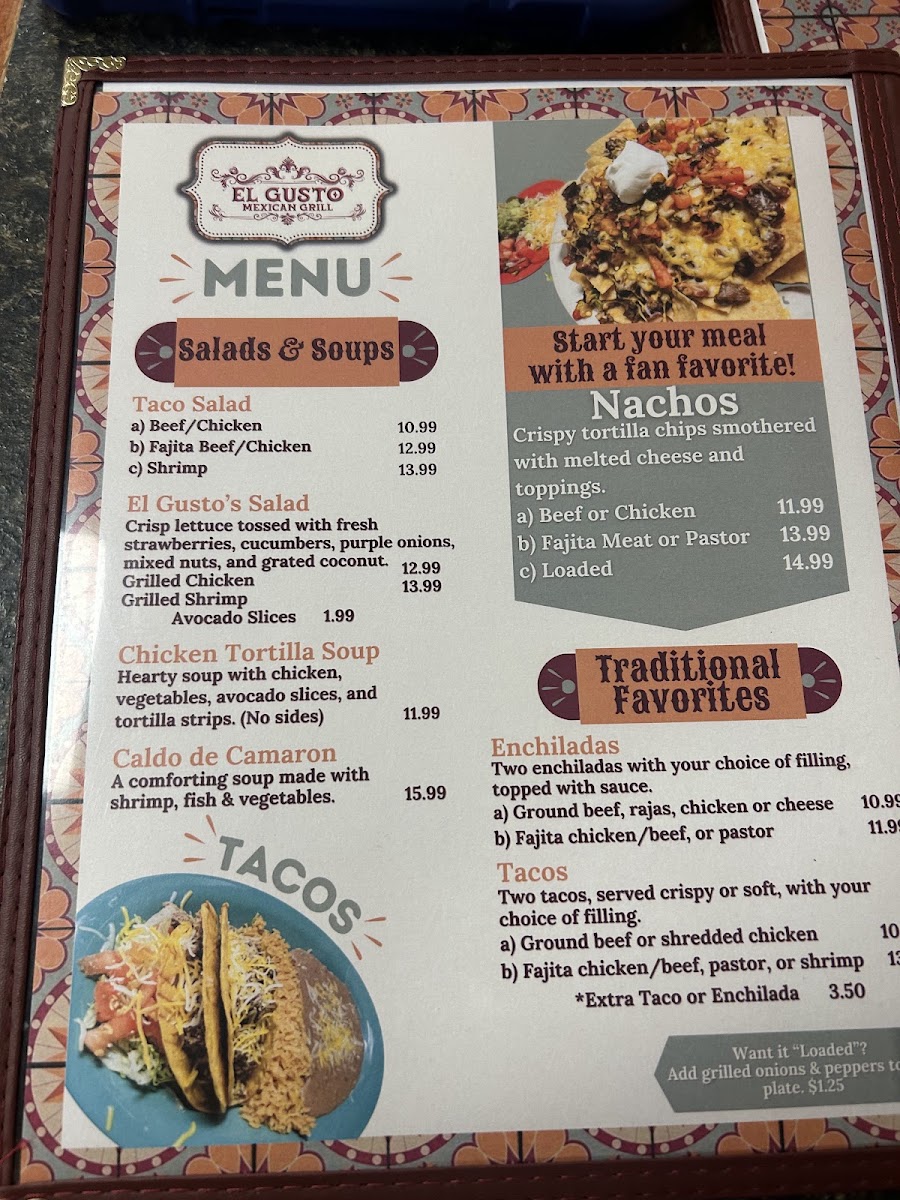 El Gusto Mexican Grill menu board